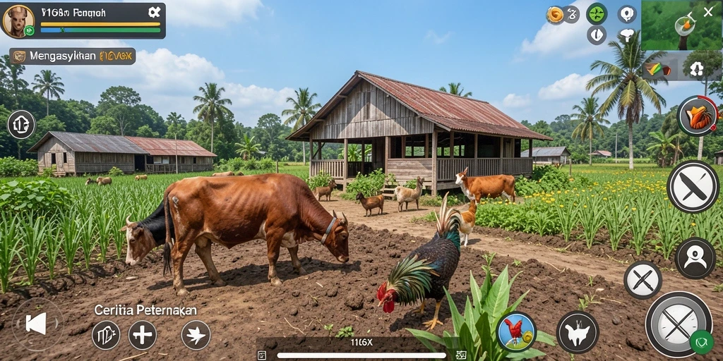 Screenshot gameplay 116X yang menampilkan ladang dan hewan peternakan.