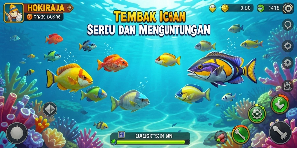 Screenshot utama HOKIRAJA menunjukkan aksi seru dalam menangkap ikan.