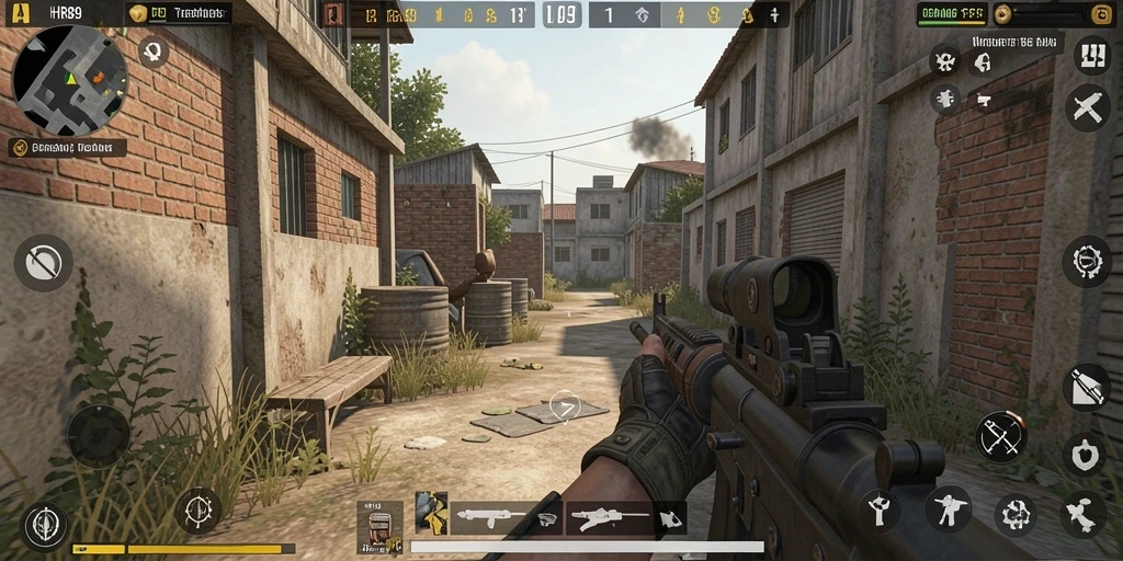 Screenshot gameplay <strong>HR89</strong> yang menunjukkan aksi menembak intens.