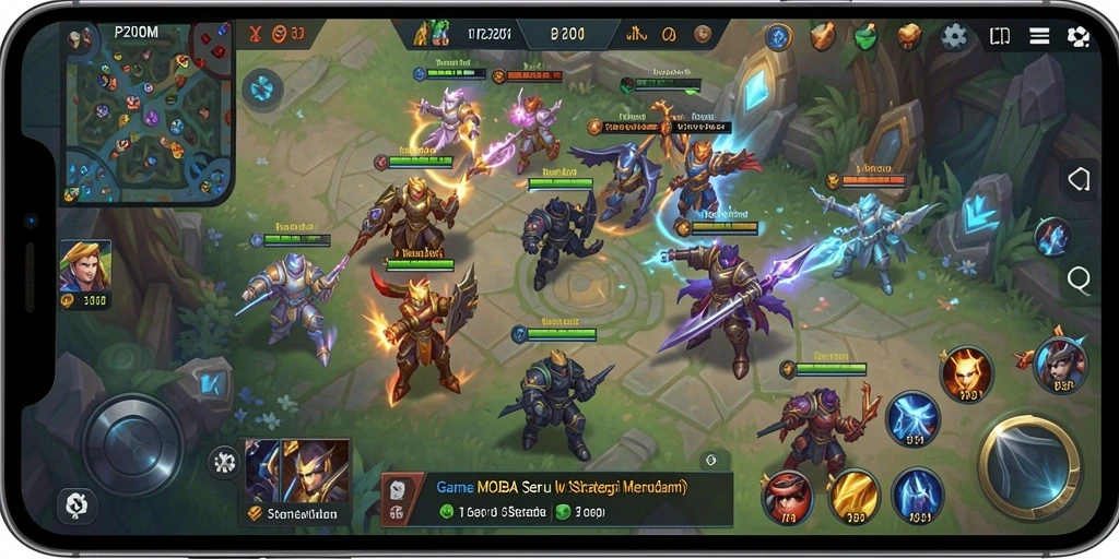 Screenshot gameplay P200M menampilkan pertempuran MOBA yang epik.