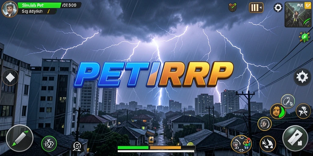 Screenshot gameplay PETIRRP menunjukkan efek petir yang memukau.