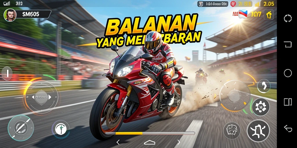 Screenshot SM605 menampilkan aksi balapan motor yang mendebarkan.