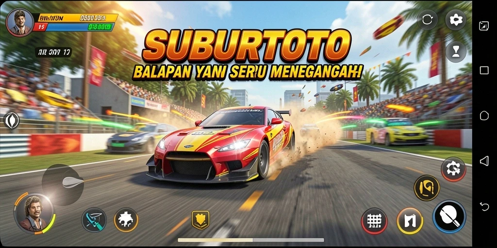 Tangkapan layar gameplay SUBURTOTO menampilkan balapan yang penuh aksi.