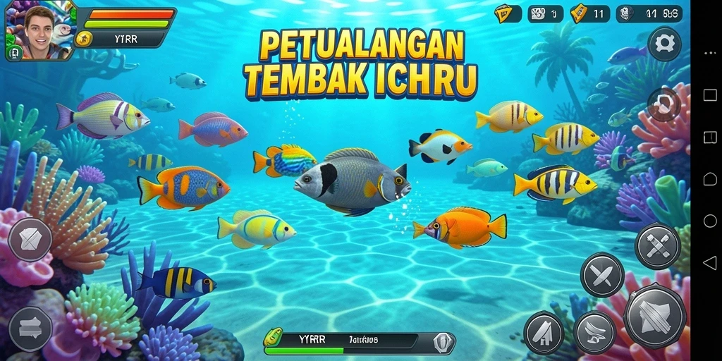 Tangkapan layar utama YYRR menampilkan aksi menembak ikan yang menarik.